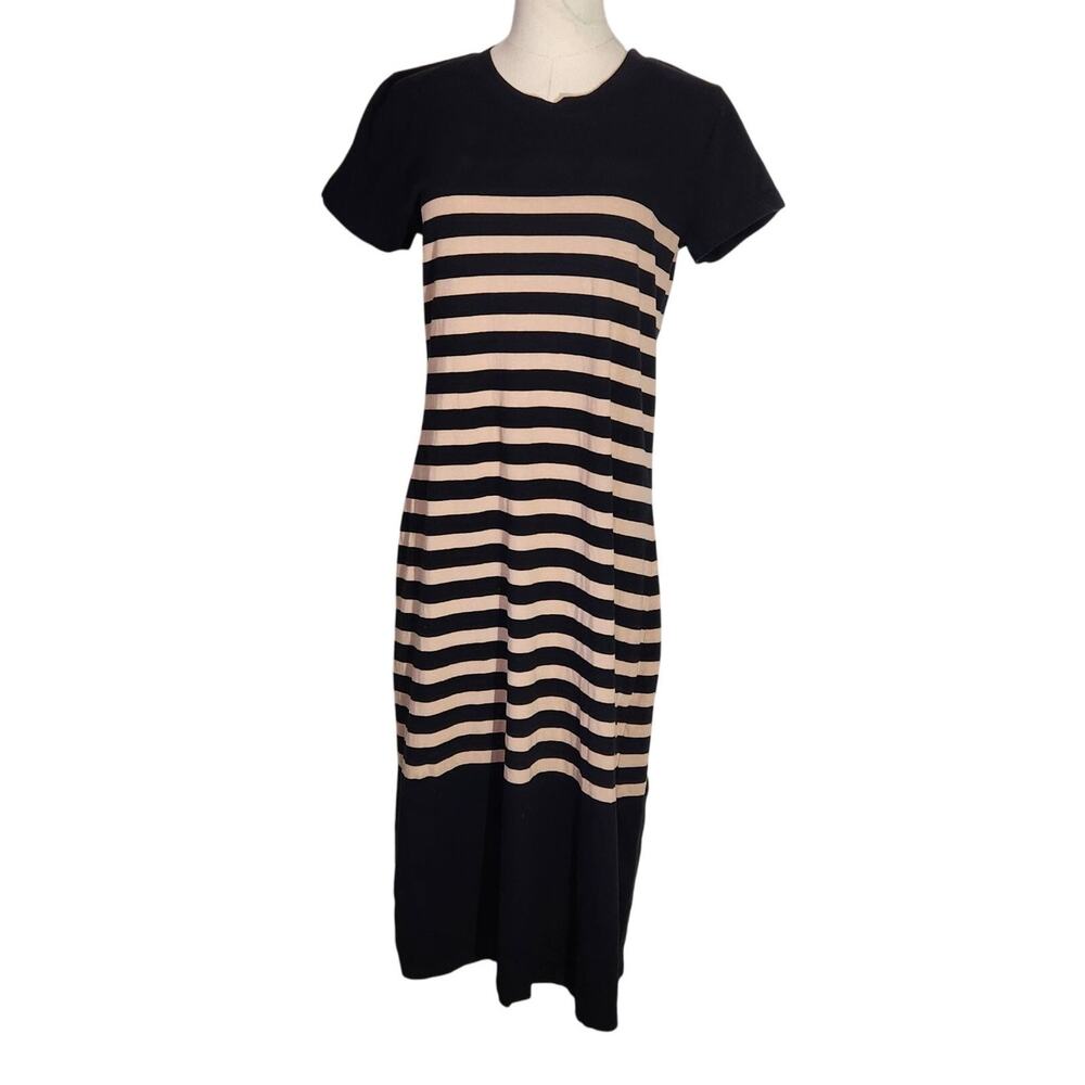 J Crew Striped Midi Dress Short Sleeve Cotton Black Beige Womens Size M